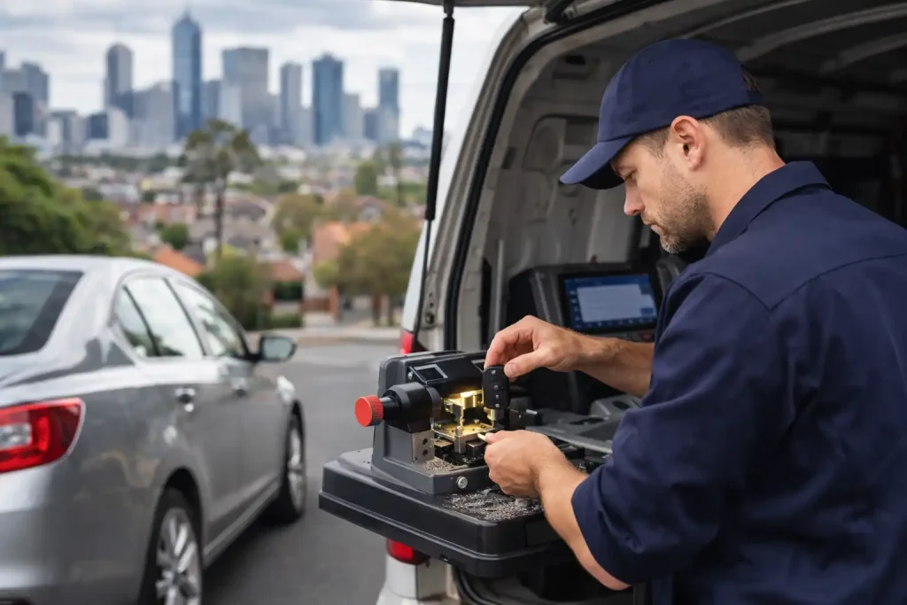 A horizontal image showing a mobile car key locksmith working beside a parked car in a Melbourne street. The locksmith is cutting a car key on a portable machine placed on the back of a service van, with the city skyline or suburban houses softly blurred in the background.